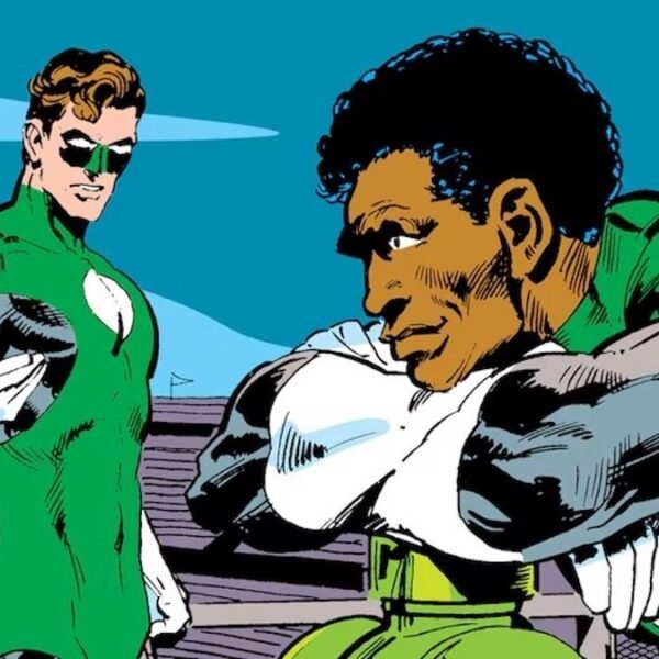 Classic DC Comics artwork of Hal Jordan and John Stewart conversing