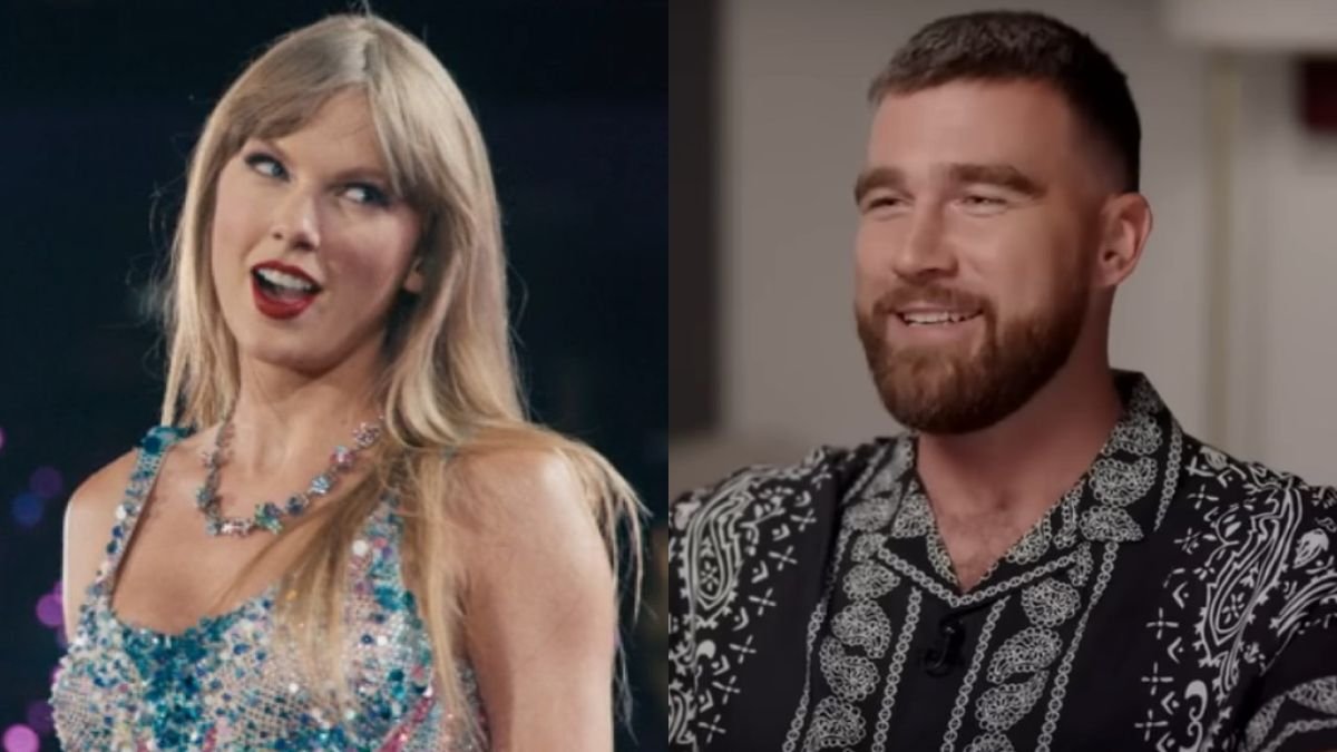 Taylor Swift from the Eras Tour movie and Travis Kelce