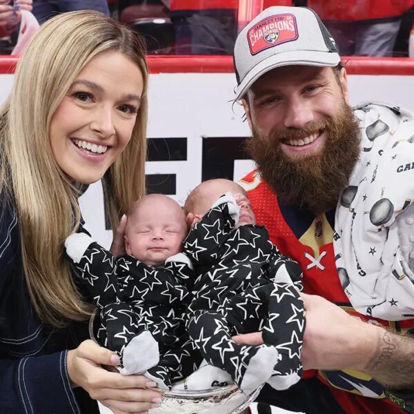 Panthers' Jonah Gadjovich, wife Allison pose with newborn twins in Stanley Cup