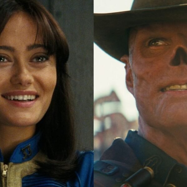 From left to right: Ella Purnell as Lucy in Fallout smiling and Walton Goggins as the Ghoul smiling in Fallout.