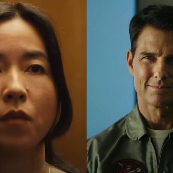 Jane (Maya Erskine) looks at John on Mr. and Mrs. Smith and Maverick smirks during a briefing in Top Gun: Maverick