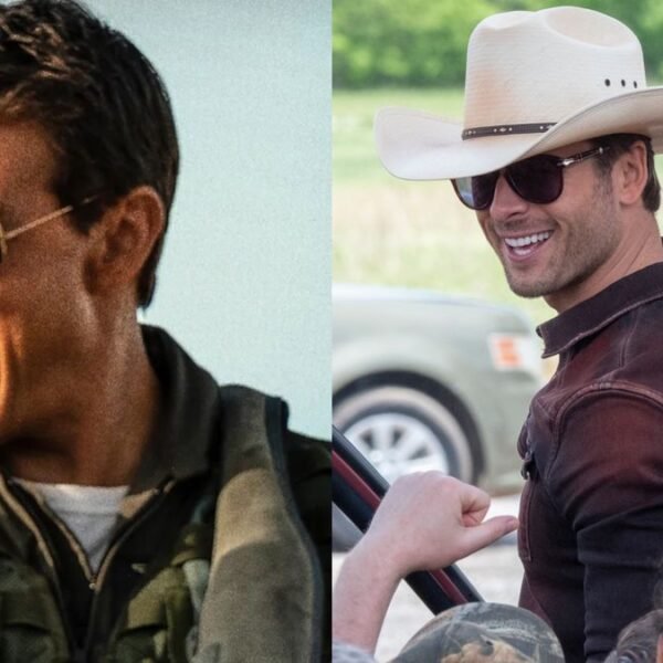 Tom Cruise fist pumps in sunglasses in Top Gun: Maverick and Glen Powell smiles while wearing sunglasses in Twisters, pictured side-by-side. 