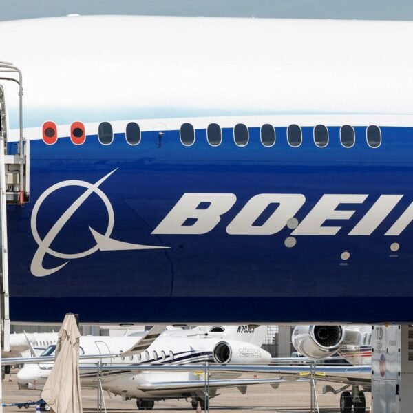 A Boeing logo is seen on a 777-9 aircraft. Pic: Reuters